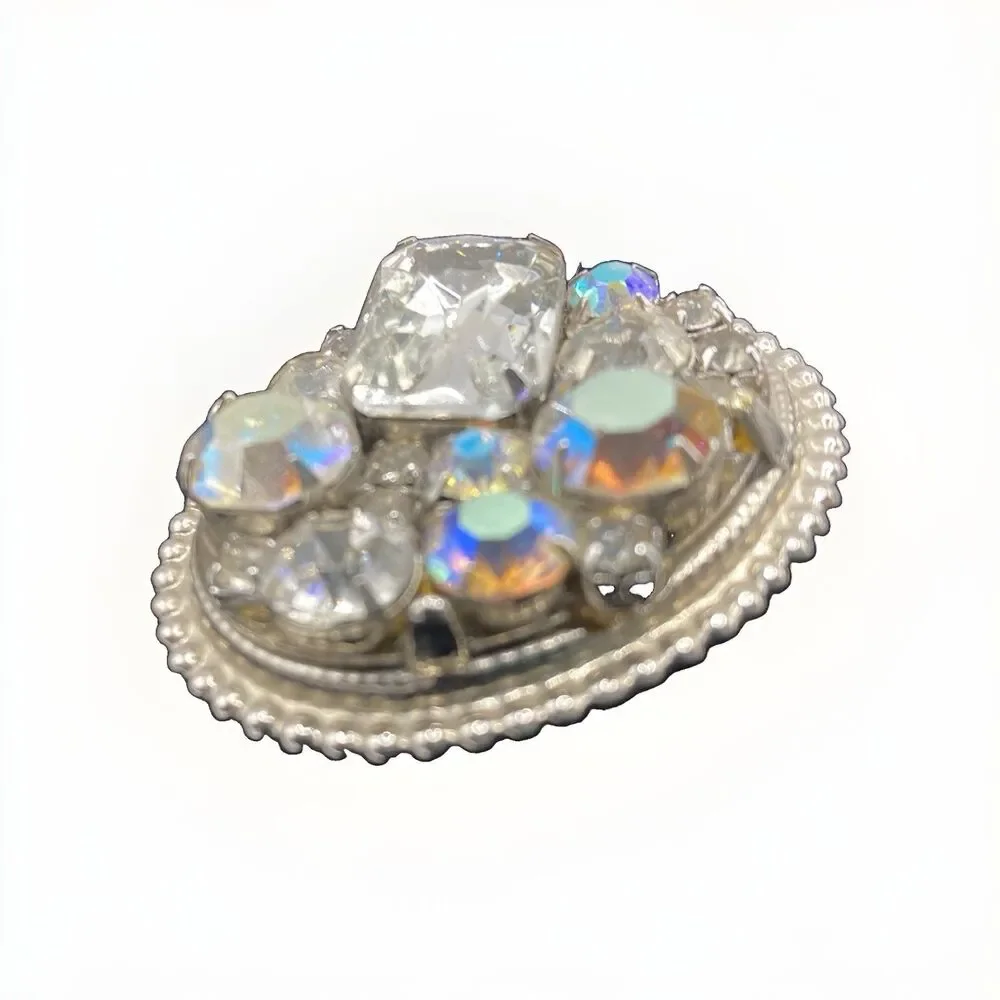 Vintage Rhinestone Silver Tone 80s Bolo Tie Clip Multi Stone Western Glam